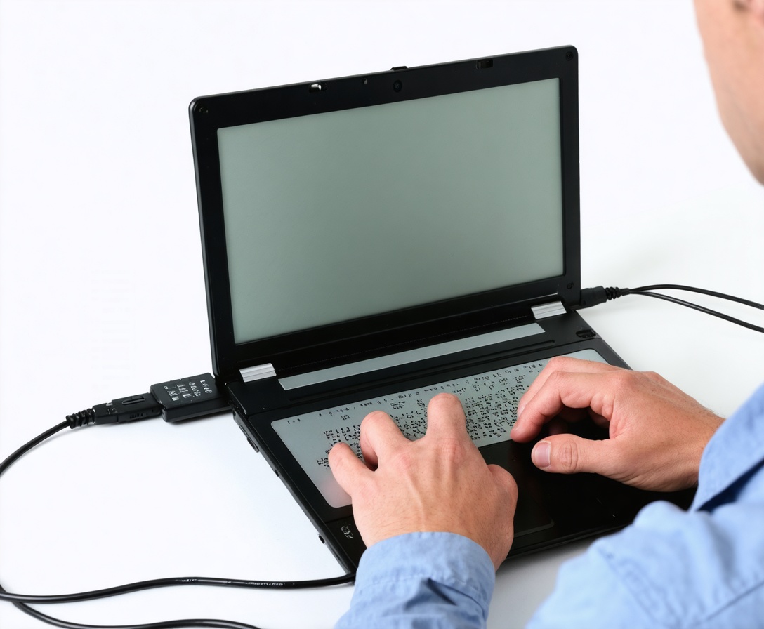 Konzeptuelles Foto zu digitaler Barrierefreiheit mit Braille-Zeilen-Nutzer