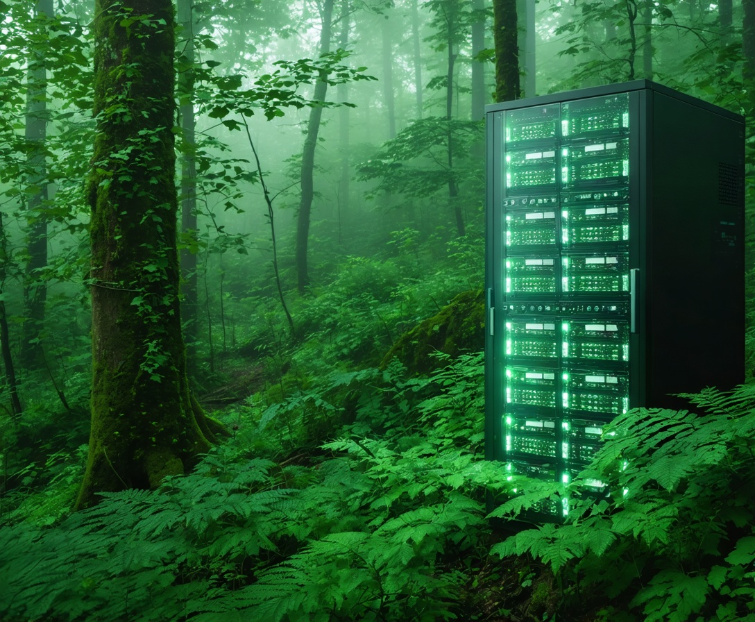 Ein digitaler Server-Rack, der in einen dichten Wald integriert ist