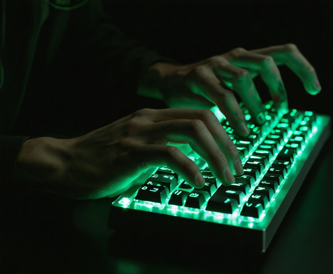 Nahaufnahme von Händen, die auf einer mechanischen Tastatur programmieren