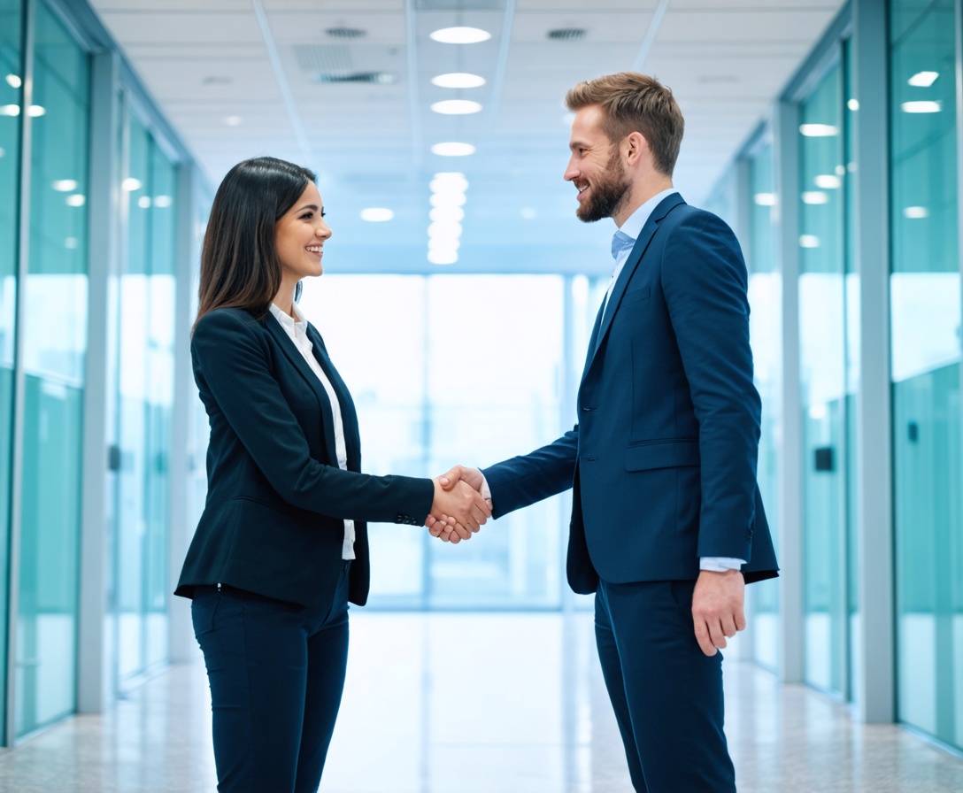 Zwei Fachleute schütteln sich die Hände in einem modernen Bürogebäude